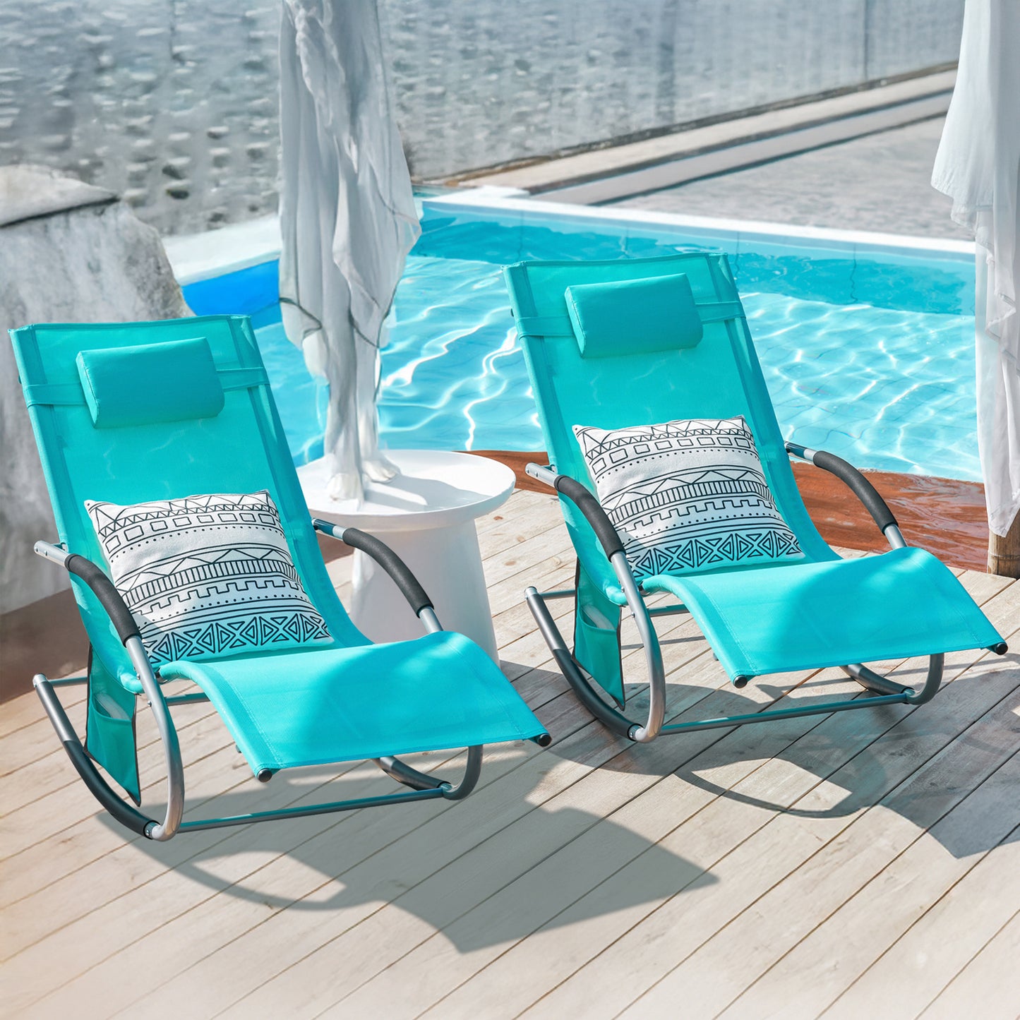 1 Pezzo Lettino Prendisole Lettino da Giardino Sdraio Relax Sedia a Dondolo da Esterno con Cuscino Poggiatesta Superficie Ergonomica Tessuto Resistente agli Agenti Atmosferici Struttura in Metallo Tasca Laterale Portata Massima 150 kg Terrazza Balcone Gia