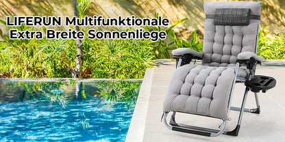 Sedia a sdraio pieghevole, cuscino in confortevole rimovibile, lettino per il sole, lettino da giardino, regolabile con poggiatesta e portabicchieri, adatta per giardino, piscina, balcone, 160 kg