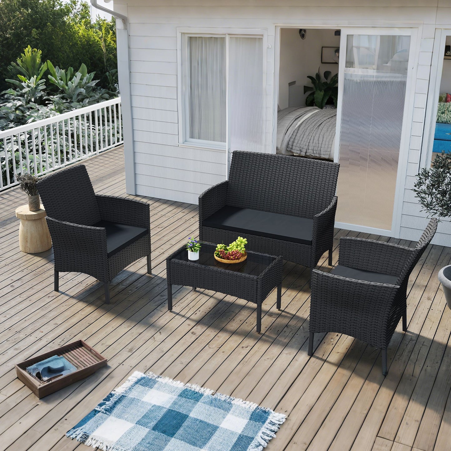 Mobili da giardino in rattan poli per balcone - set con divano a 2 posti, sedie singole e tavolo, cuscini imbottiti antracite - colorazione lounge (cuscini imbottiti antracite)