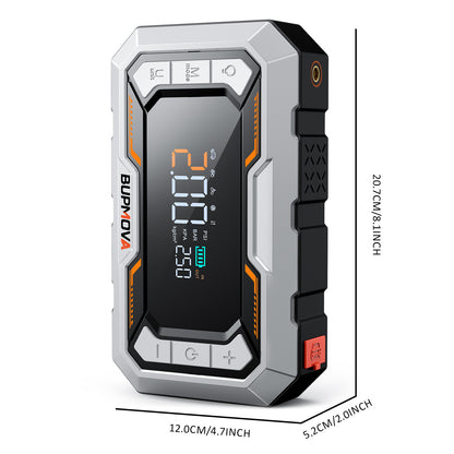 Avviatore di emergenza per auto 8000A con compressore d'aria, pompa di gonfiaggio cordless per pneumatici, booster di batteria con power bank e torce a LED, doppio display della pressione dell'aria