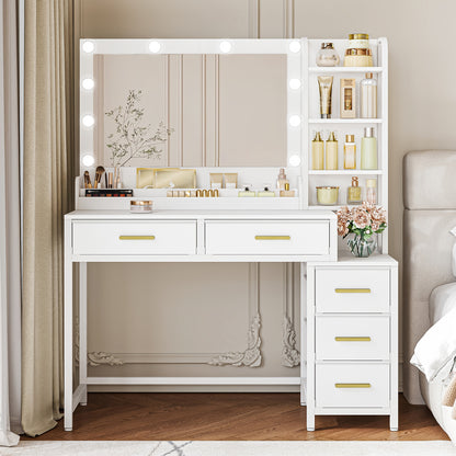 Toilette con grande specchio, con 5 cassetti, 5 scomparti aperti, spazio di archiviazione davanti allo specchio, moderna, bianca, 40 × 110 × 141 cm