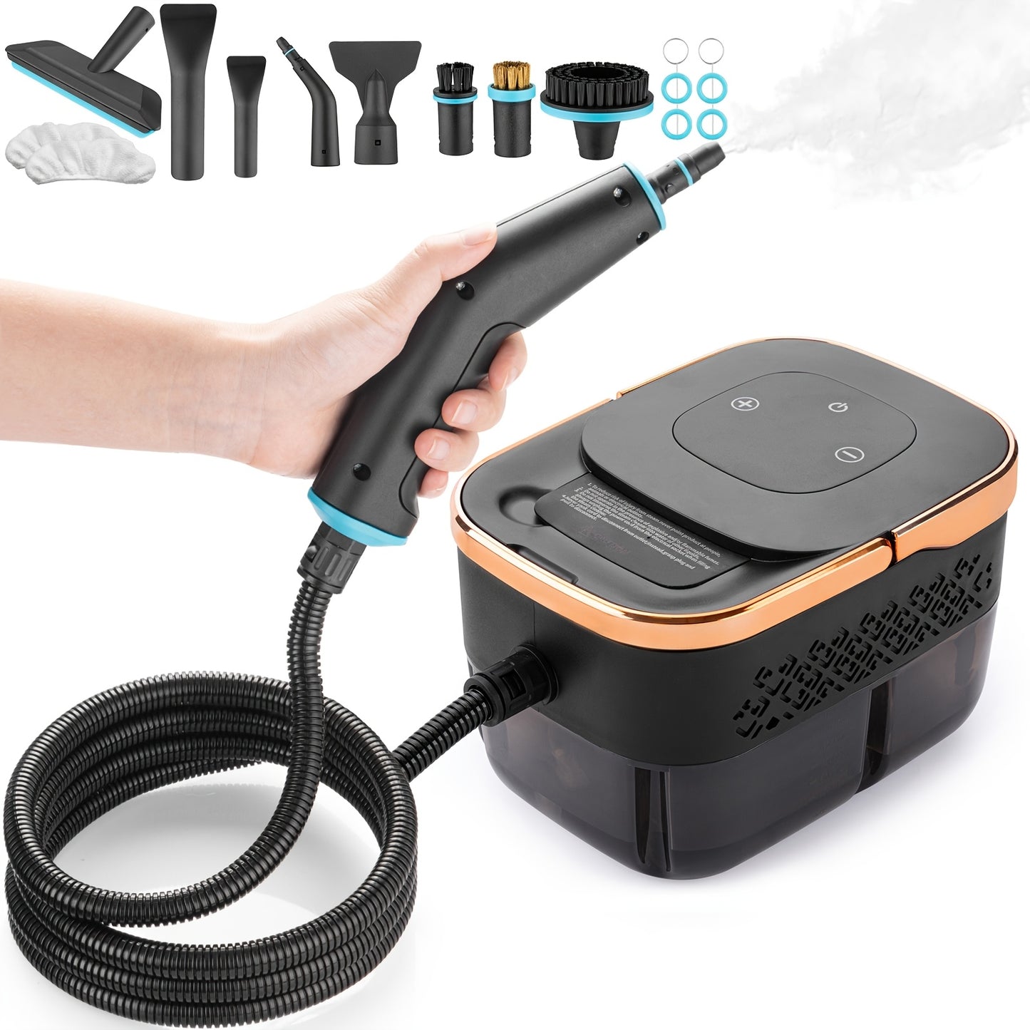 Pulitrice a vapore portatile per uso domestico, con più testine spazzola e 10 tipi di accessori, serbatoio 'acqua da 1450ml, preriscaldamento in soli 15s, adatta per casa, auto, cucina, bagno, piastrelle