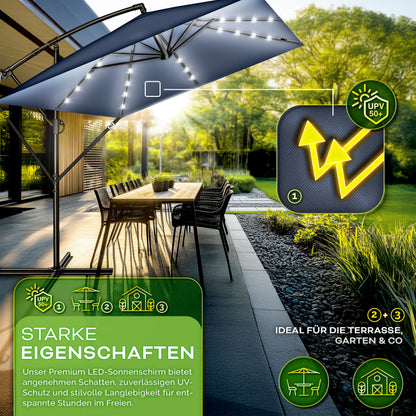 Tillvex® Tenda da Sole Rettangolare in Alluminio con LED Solare Ø 330 Cm + Copertura con Manovella | Ombrello Angolare con Luce Stradale, Supporto e Parabrezza | Grande Ombrello da Giardino in Alluminio con Protezione UV | Ombrello con Manovella, Ombrello