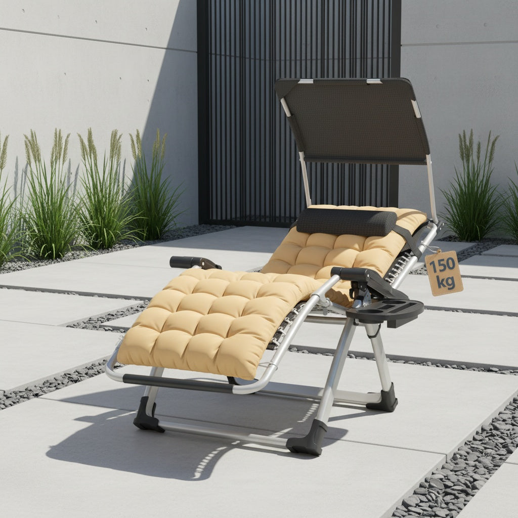 Lettoie ad angolo con tendalino pieghevole, reclinabile, extra large, schienale regolabile, cuscino ergonomico imbottito, cuscino per il collo, tasche laterali, portabicchieri, grigio nero, grigio chiaro, beige