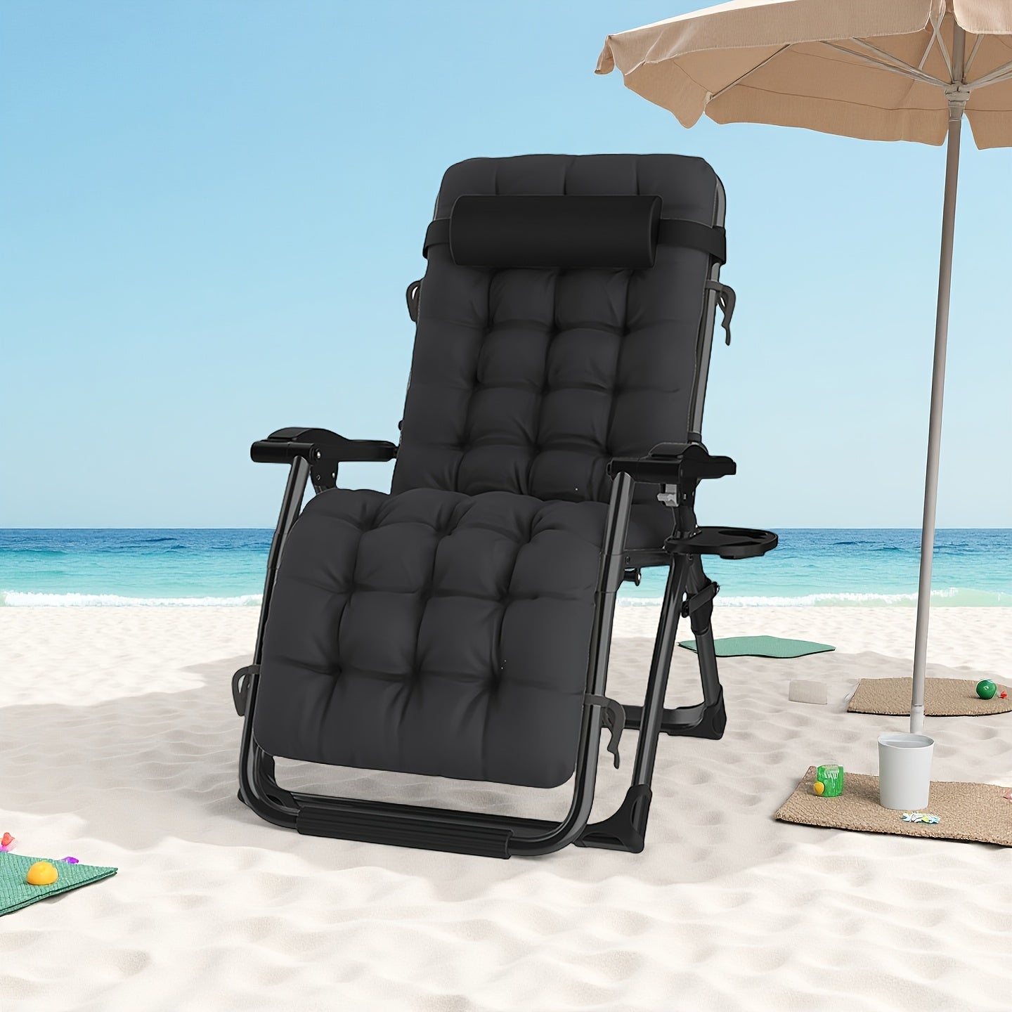 Poltrona Lounge Oversize a Gravità Zero, 72 cm Extra Larga, Reclinabile Pieghevole e Regolabile, Capacità 500 libbre/200 kg, Cuscino Morbido in Cotone Staccabile con Poggiatesta, Portabicchieri, Nero Grigio, per Giardino, Terrazza, Balcone, Patio Esterno