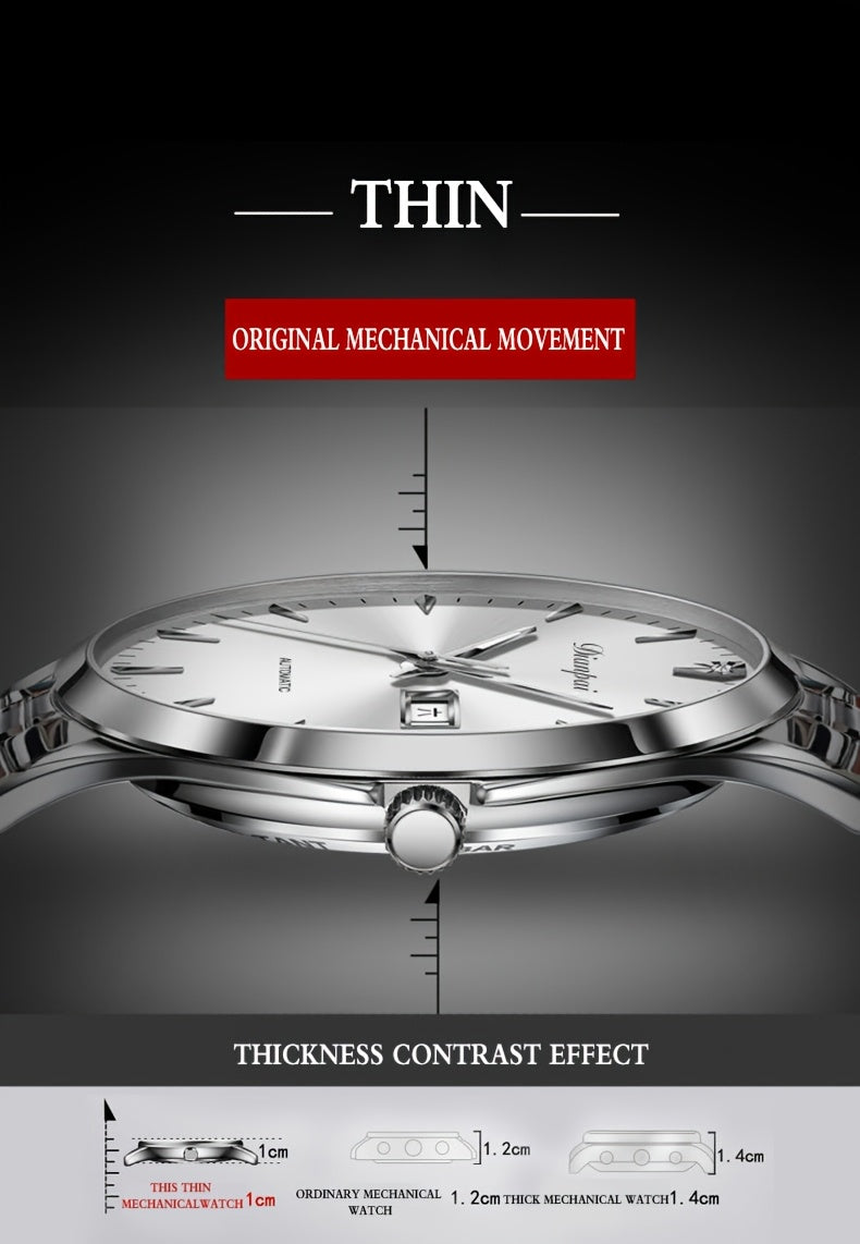 Orologio meccanico automatico da uomo Dianpai, sottile in acciaio inossidabile con quadrante luminoso e calendario, regalo ideale per uomo, senza batteria