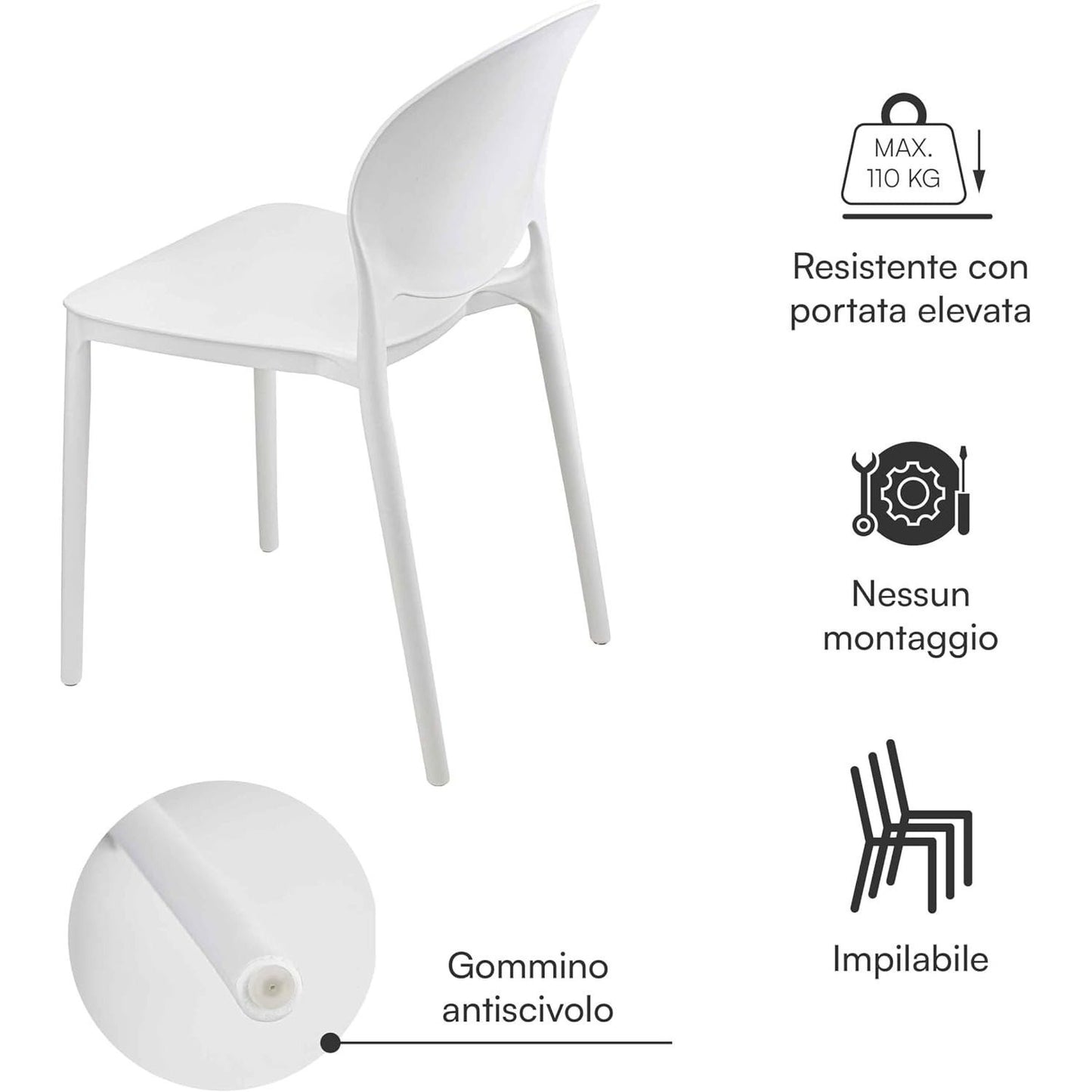 Baroni Home Set 4 Sedie in Plastica Bianca – Sedie Impilabili, Pronte all’Uso Senza Montaggio, Facili da Pulire, con Piedini Antiscivolo per Maggiore Stabilità – Ideali per Cucina, Soggiorno, Sala da Pranzo, Giardino, Terrazzo o Balcone – Sedute Comode e