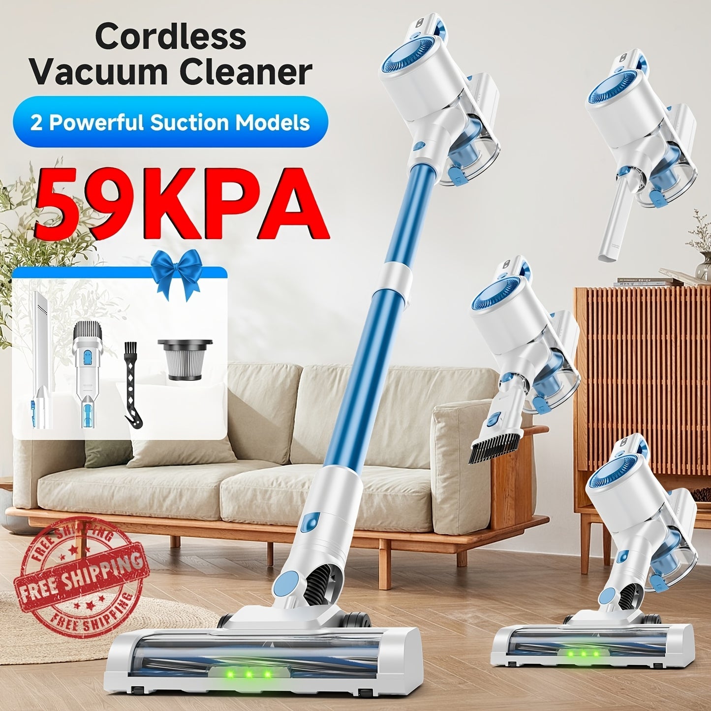 Aspirapolvere senza fili leggero da 60-70 Kpa con spazzola anti-groviglio, livelli di aspirazione multipli e una lunga durata di fino a 45 minuti, adatto per tappeti, peli di animali domestici e pavimenti in legno duro durante la pulizia di primavera