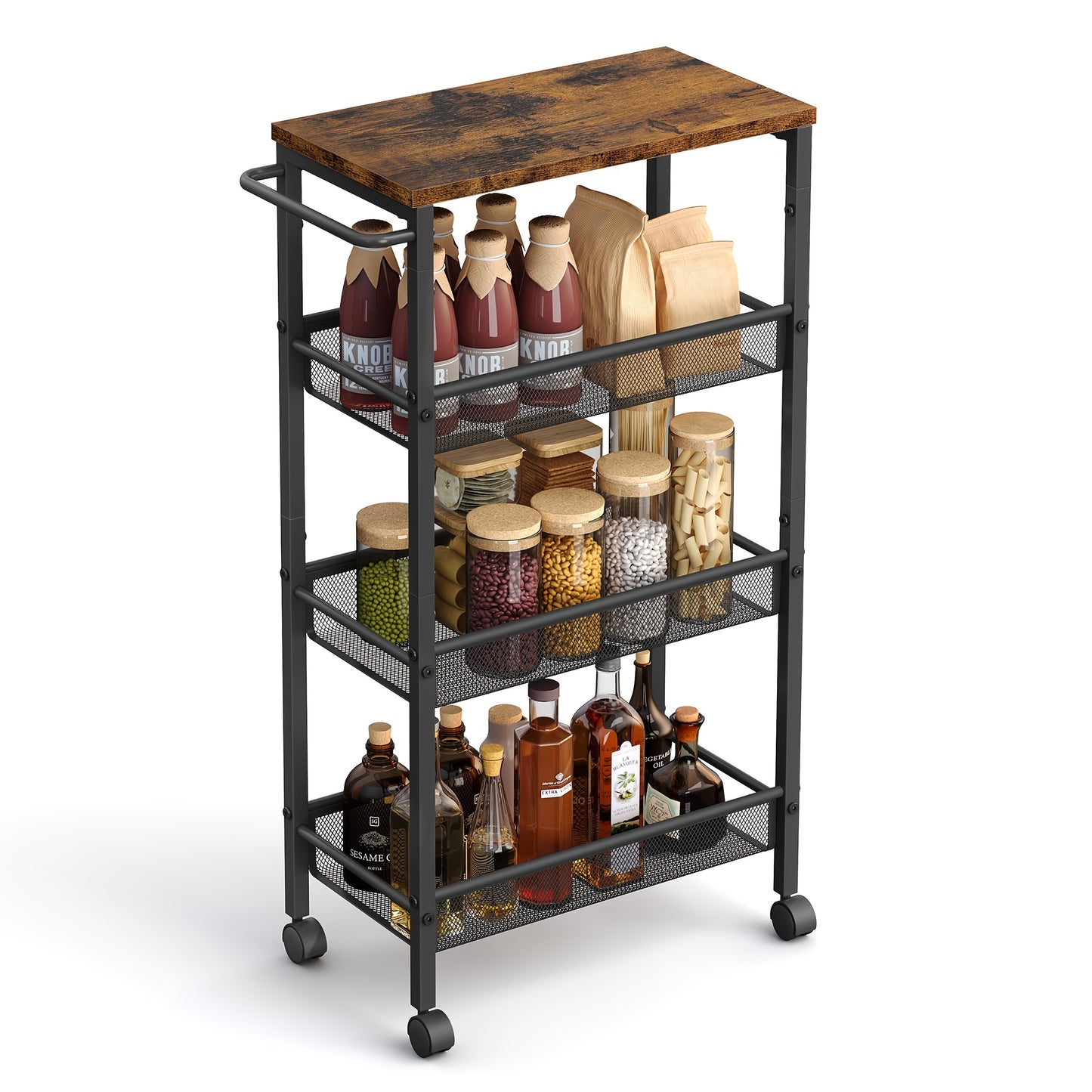 Carrello a 4 Ripiani, Carrello da Cucina con Ruote Salvaspazio, Struttura in Acciaio, Maniglia, Ideale per Piccoli Spazi - Cucina, Bagno, Soggiorno e Studio
