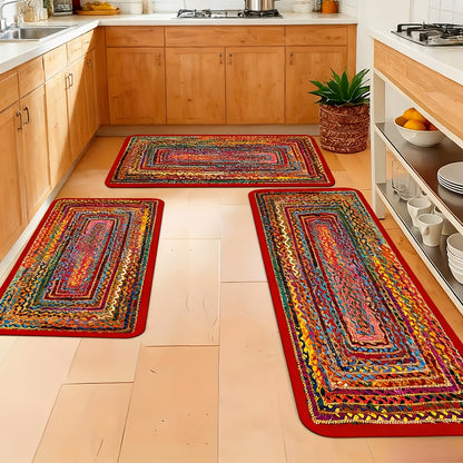 Set 3 tappetini antiscivolo stile rustico, adatti per bagno, soggiorno - Morbidi e spessi con retro in plastica, pietra geometrica classica, arredo country vintage, protezioni lavabili a mano