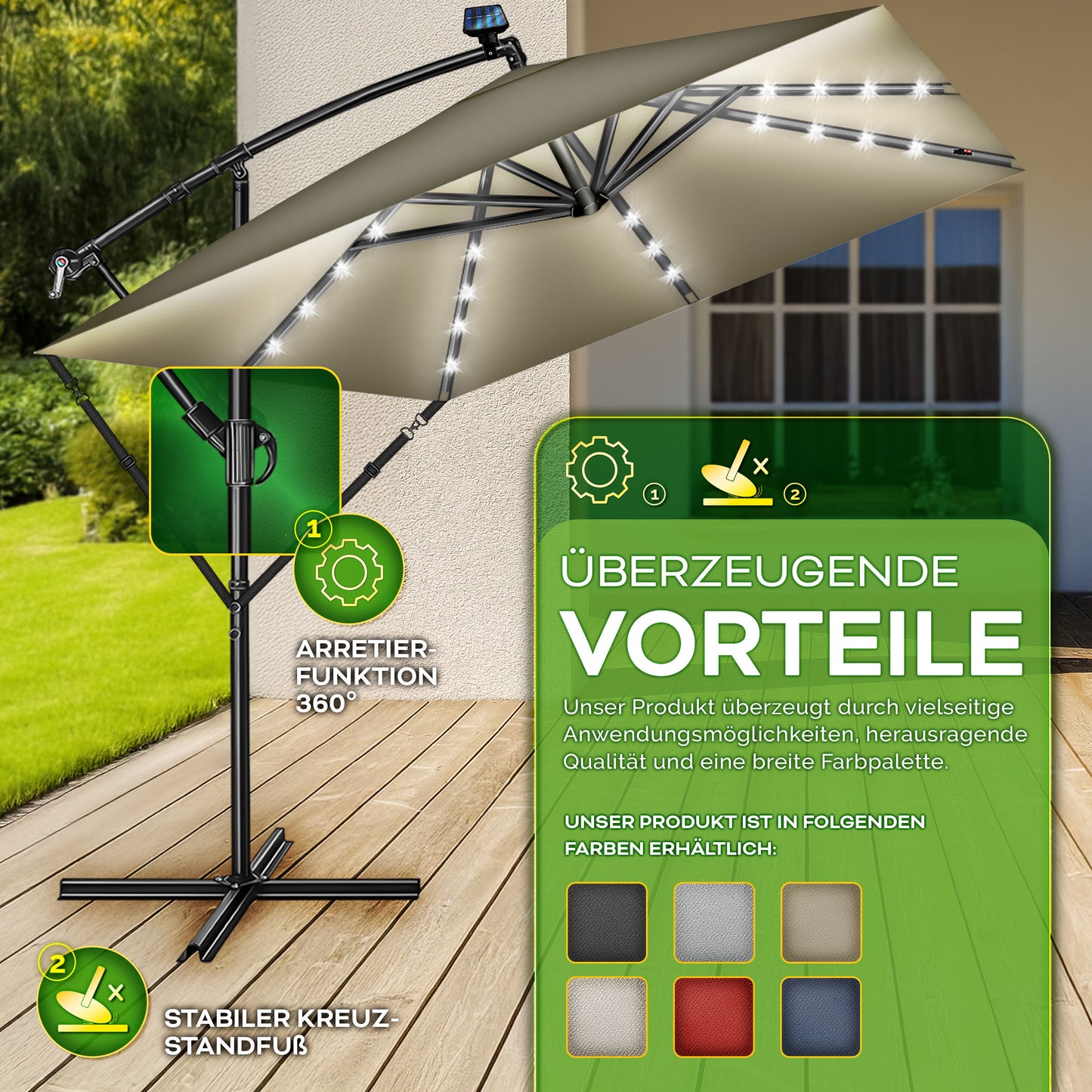 Tillvex® Tenda da Sole Rettangolare in Alluminio con LED Solare Ø 330 Cm + Copertura con Manovella | Ombrello Angolare con Luce Stradale, Supporto e Parabrezza | Grande Ombrello da Giardino in Alluminio con Protezione UV | Ombrello con Manovella, Ombrello