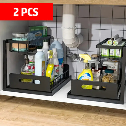 2 pezzi Scaffali portaoggetti in metallo per lavello, scaffali portaoggetti a 2 piani con cassetti scorrevoli, mobili estraibili per lavello, scaffali multiuso per lavello in cucina, bagno, dispensa, organizer sottolavello