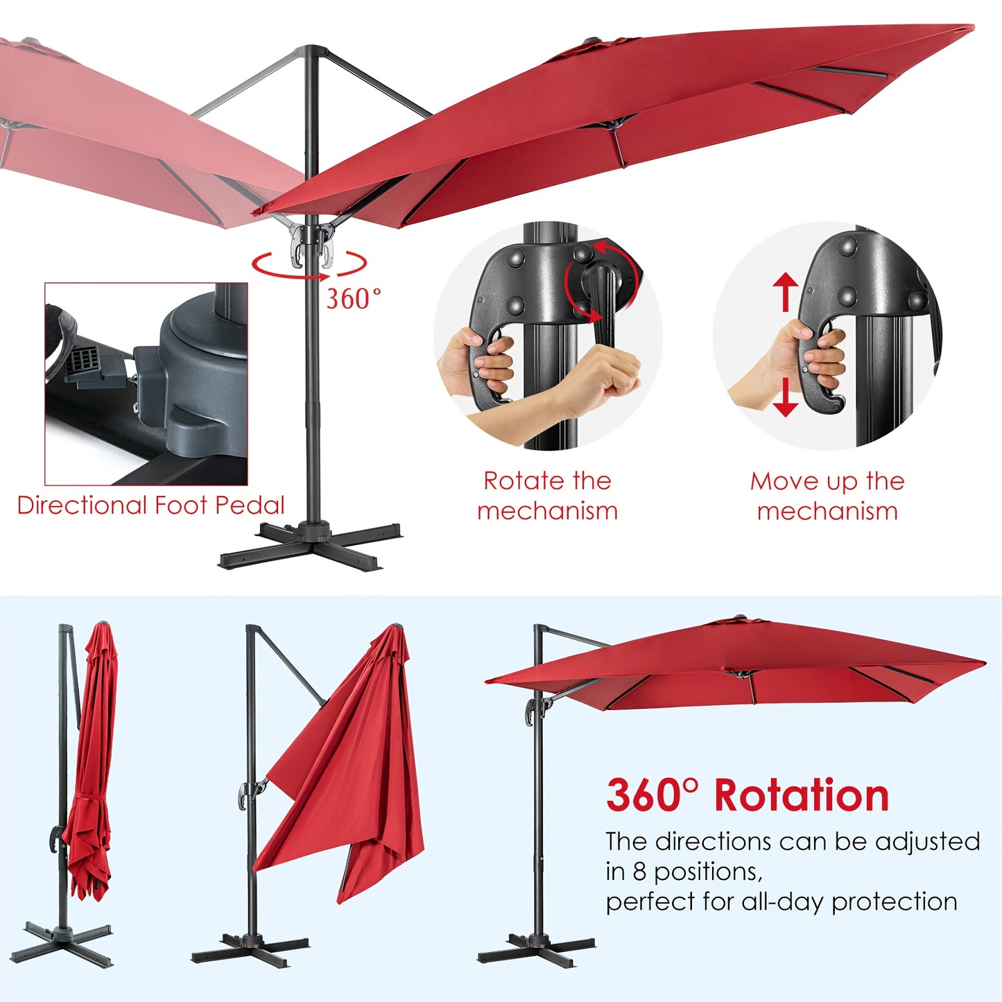 Ombrellone quadrato 300 X 300 cm, ombrello parasole con portico girevole a 360°, ombrello da giardino inclinabile, grande ombrellone da patio, ombrello da mercato per giardini esterni, patii, bar (Beige/Rosso/Caffè)