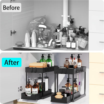 2 Pezzi Organizzatori e Contenitori Sottolavello, Organizer a 2 Ripiani con Ganci, Contenitori e Organizzatori Multiuso Sottolavello per Bagno e Cucina