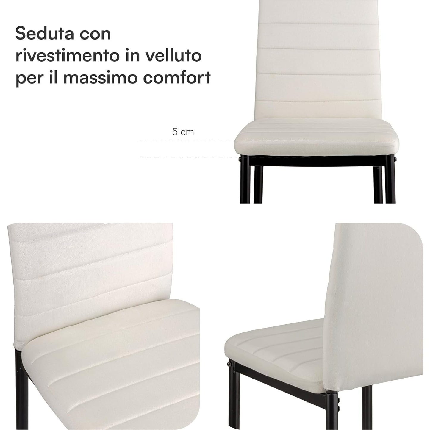 Baroni Home Set di 4 Sedie da Pranzo con Schienale Alto e Seduta Ergonomica con Cuciture Decorative, Sedie Eleganti Imbottite in Ecopelle o velluto con Struttura in Acciaio, 40X48X96 cm