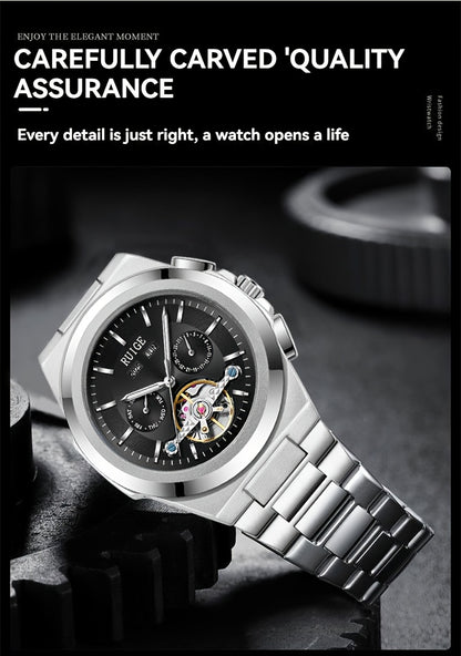 Orologio da uomo elegante automatico meccanico con cinturino in acciaio inossidabile, con funzioni business e sportive, display multipli, calendario, lancette luminose e design scheletrato. Un regalo perfetto per uomo.