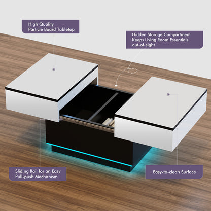 Tavolino da caffè bianco, Tavolino da salotto, Tavolino con 2 ripiani portaoggetti, 80x58x40 cm, Piano estendibile con striscia luminosa RGB, Mobile moderno per soggiorno, Sala riunioni
