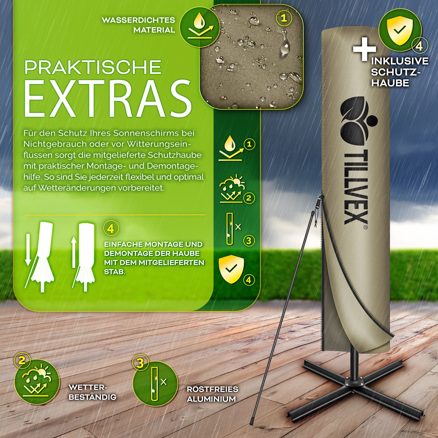 Tillvex® Parasole Rettangolare in Alluminio Ø 330 Cm + Copertura con Manovella | Schermo Angolare a Luce Rossa con Supporto & Parabrezza | Grande Parasole da Giardino in Alluminio Protezione UV | Schermo con Manovella Impermeabile Girevole a 360° per Terr