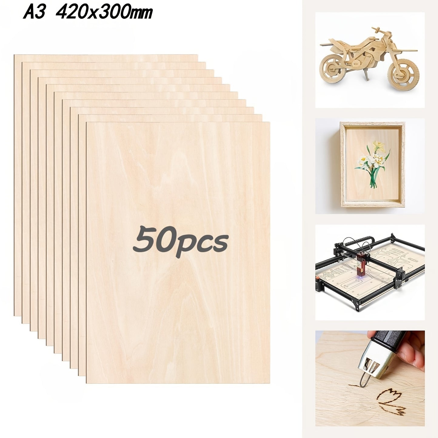 50 pz Compensato Tiglia 3mm Compensato A3, A4, Compensato Tiglio Panele di Legno per Fai da Te, Lavorazione del Legno, Artigianato, Lavorazione Laser, Incisione a Laser, Pirografia, Creazione di Modelli, Regali, Decorazione, Dipinti, 50 Fogli di Compensat