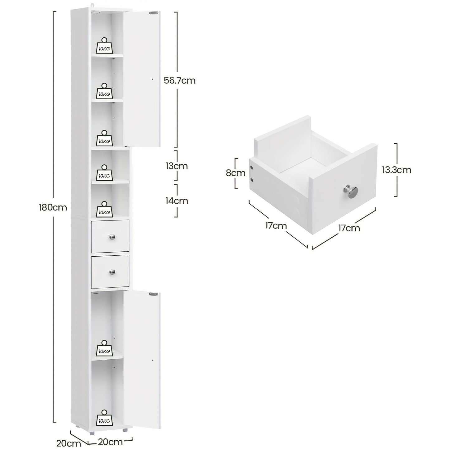 1pezzo Armadio da Bagno, Armadio da Bagno Stretto e Alto con Cassetti, Compartimenti per Mobili da Bagno, Ripiani Regolabili, Porte, Bianco, MDF, 20 x 180 x 20 cm