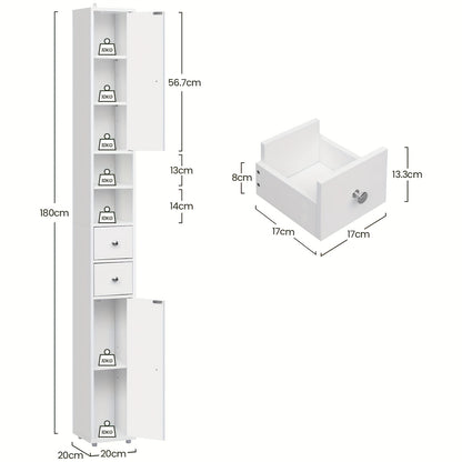 1pezzo Armadio da Bagno, Armadio da Bagno Stretto e Alto con Cassetti, Compartimenti per Mobili da Bagno, Ripiani Regolabili, Porte, Bianco, MDF, 20 x 180 x 20 cm
