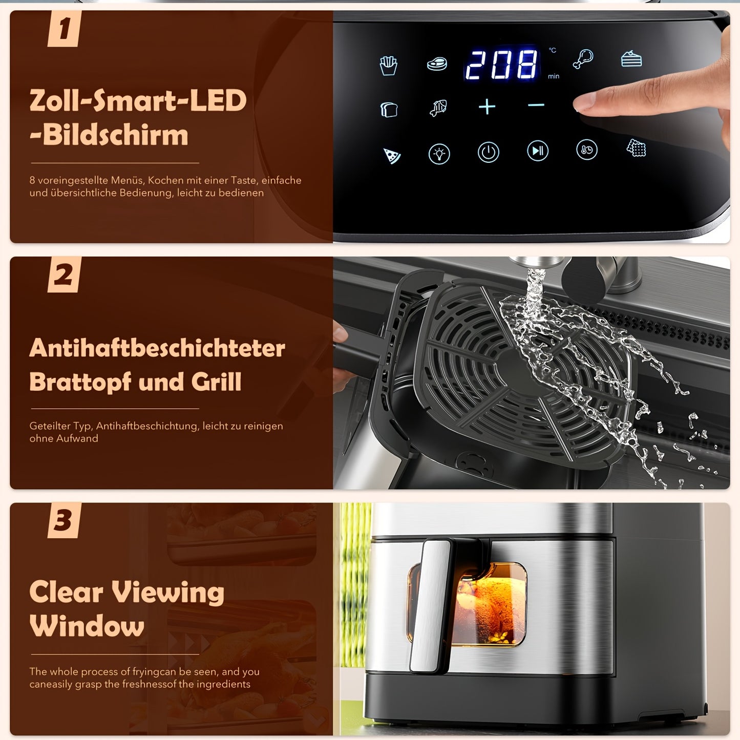Friggitrice ad aria XXL 8L con finestra di visualizzazione, friggitrice senza olio, temperatura regolabile 80°C-200°C, 10 impostazioni predefinite con un tocco, controllo digitale, cestello antiaderente, friggitrice ad aria stile Ninja
