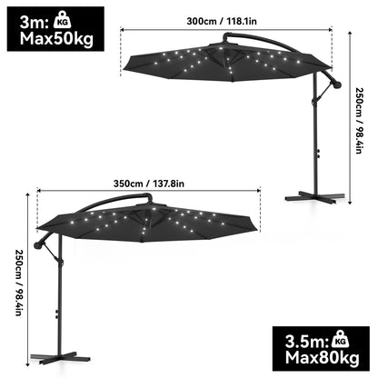 Ombrellone da giardino 3/3.5M, rotazione a 360°, con inclinazione a manovella a 45° per patio, piscina, balcone, con LED solare