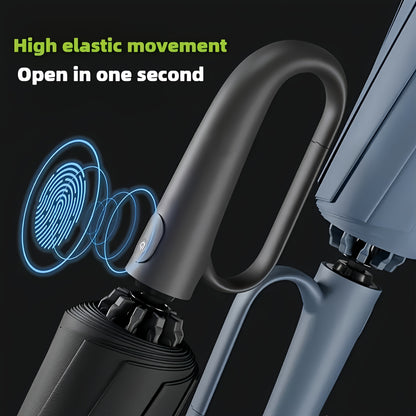 Ombrello pieghevole automatico con fibbia ad anello rotante, design elegante con rinforzo in fibra di vetro per resistenza al vento, in tessuto di alta qualità e con manico per una facile apertura con una sola mano. Il suo stile minimalista lo rende un re