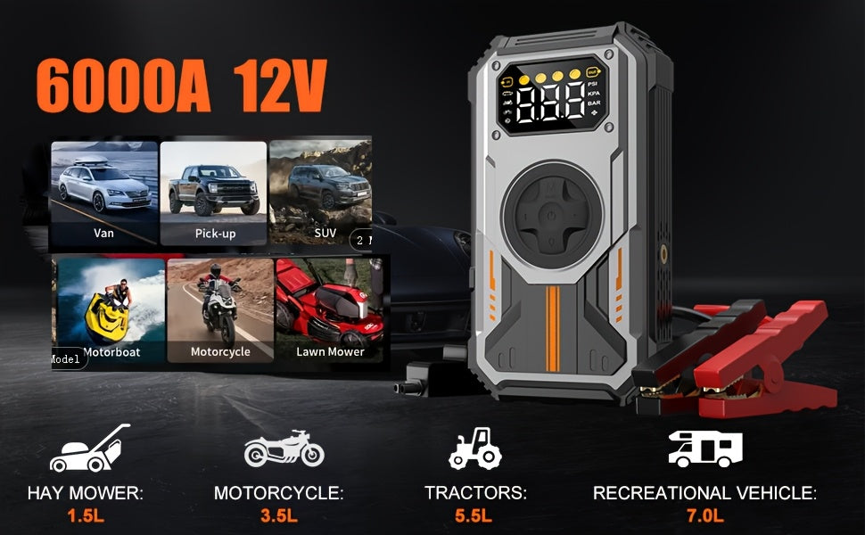 Swarey 12000Mah Avviatore di Emergenza per Auto con Compressore d'Aria, 150PSI 6000A Corrente di Picco Avviatore di Emergenza per Tutti i Motori a Benzina e Diesel da 10.0L, Avviatore di Emergenza con LED