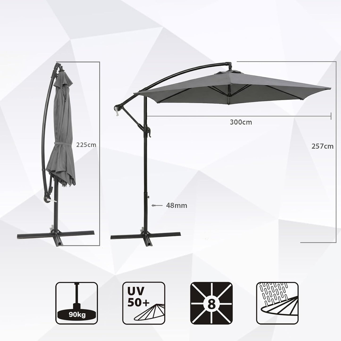 Ombrellone a banderuola Sekey 300 cm con tettuccio inclinabile, ombrellone con palo in alluminio da 48 mm e 6x stecche in acciaio, ombrellone da giardino e terrazza rotondo pieghevole, inclusa cinghia aggiuntiva antisgambo