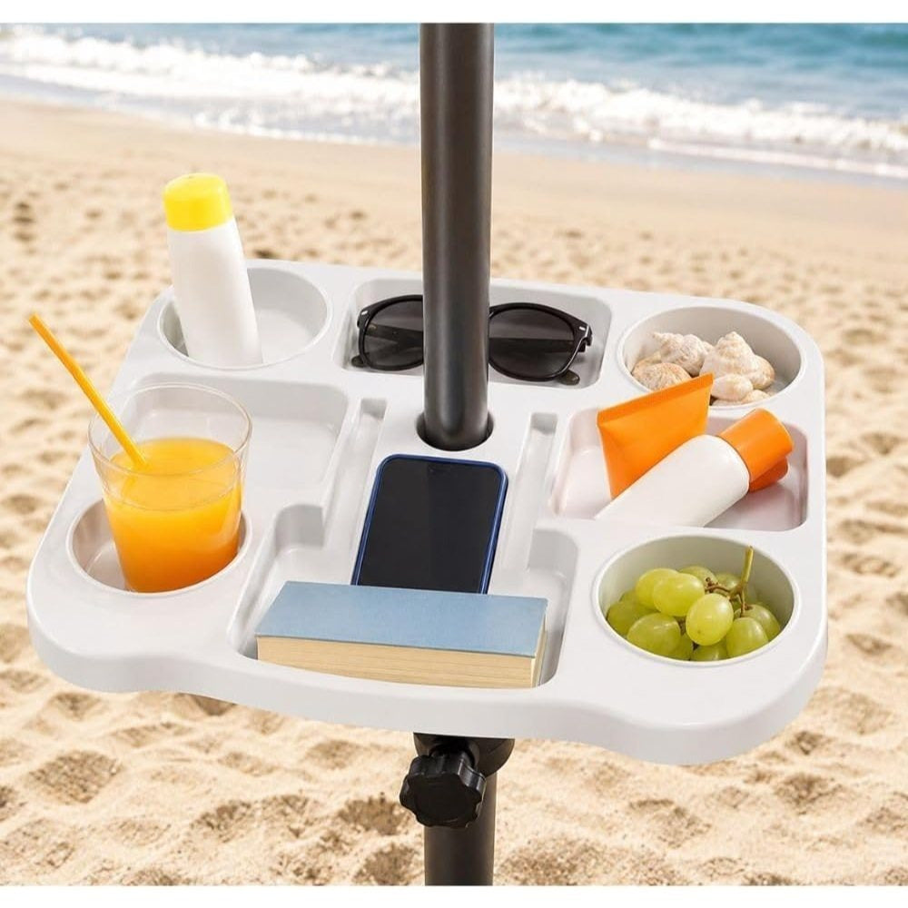 Cecaro Group Tavolino Porta Oggetti per Ombrellone 35x35 cm – Tavolo Universale con Morsetto Regolabile 22-40 mm – Ideale per Mare, Spiaggia, Giardino e Piscina