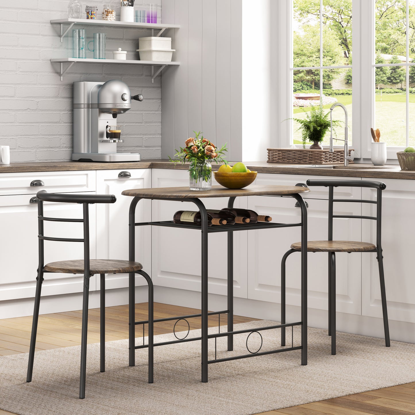 Costoffs Set Tavolo e 2 Sedie da Bar e Sala da Pranzo in Legno e Metallo per Cucina Balcone Piccoli Spazi Sedia Portata 136 kg