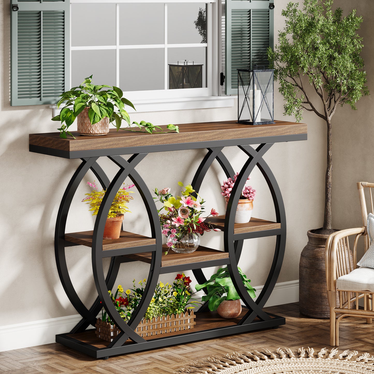Console Table, 100 X 30Cm Tavolo da Divano Industriale a 4 Livelli con Ripostiglio, Tavoli Accenti in Legno Sottile con Struttura in Metallo per Piccole Stanze, Corridoio, Ingresso, Marrone Rustico.