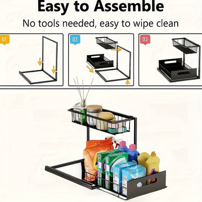 1 pz. Scaffale estraibile a doppio strato da posizionare sotto il lavandino, mensola multifunzionale in acciaio al carbonio per cucina e bagno, adatta per organizer di articoli essenziali e prodotti per la pulizia - Nero/Bianco