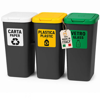 Pattumiera Differenziata AKITAINK AKIROCK 75L – 3 Scomparti da 25L con Coperchi Colorati e Blocca-Sacchetto, Cestino Raccolta Differenziata per Casa, Ufficio e Spazi Esterni