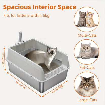 Lettiera per gatti extra large in acciaio inossidabile con coperchio - Misura XL, sponde alte, a prova di perdite, design facile da pulire, include paletta - Adatta per più gatti e razze di grandi dimensioni