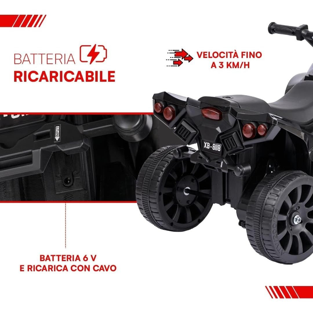 Baroni Toys Quad Elettrico per Bambini 3+ anni con Manubrio Sterzante, Musica e Luci Funzionanti, Quad con Modalità Avanti/Retro, Facile da Montare, 70x42x45 cm