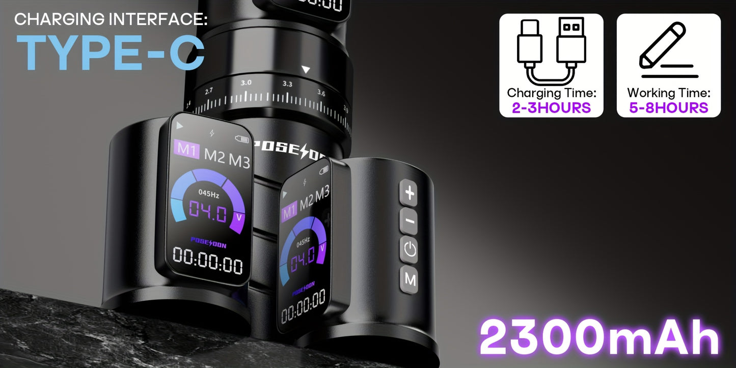 POSEIDON Kit Completo per Tatuaggi Wireless con 10 Aghi e Alimentatore - Pistola Rotary Professionale per Principianti, Penna con Display LCD, Compatibile con Aghi a Cartuccia (Adattatore Non Incluso) - Attrezzatura per Tatuaggi per Aspiranti