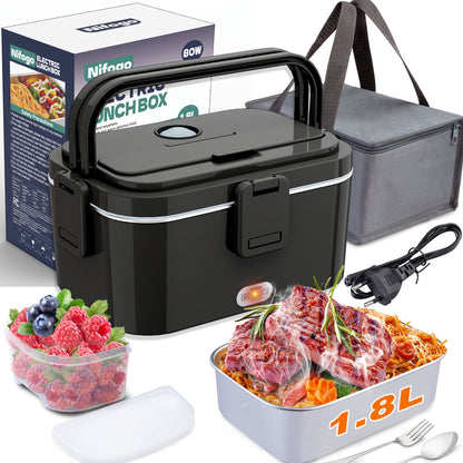 Questa lunch box offre un'uscita di potenza di 80W e una capacità di 1.8 litri, rendendola ideale per pasti per adulti. È una thermos portatile progettata per riscaldare il cibo in movimento. Include una borsa termica e un set di posate.