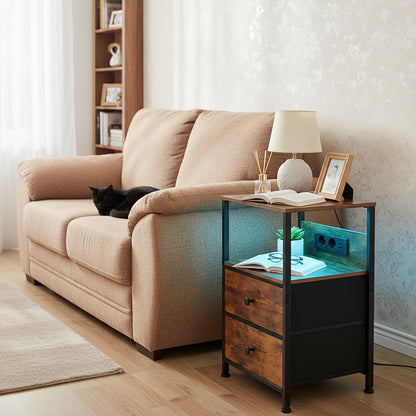 AMHANCIBLE Set Comodino 1/2 pezzi, Cassettiera in Tessuto con Dock di Ricarica, Tavolino da Letto, Comodino con Due Cassetti in Tessuto, Comodino Piccolo per Camera da Letto, Comodino a Quattro Ripiani, Adatto per Camera da Letto, Soggiorno. Nero, Marrone