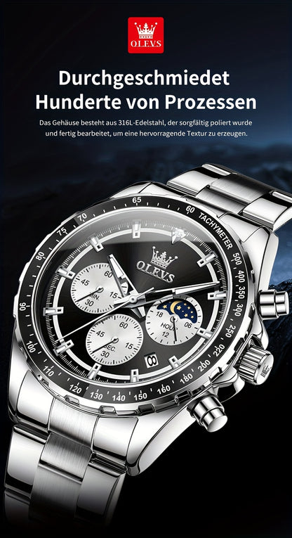 OLEVS Orologi da Uomo con Quadrante Fase Lunare Acciaio Inossidabile/Cinturino in Pelle Cronografo Lusso Business Abito Analogico Quarzo Orologi da Uomo Classici Casual Eleganti Orologi da Polso Quadrante Luminoso Nero/Bianco/Blu/Verde