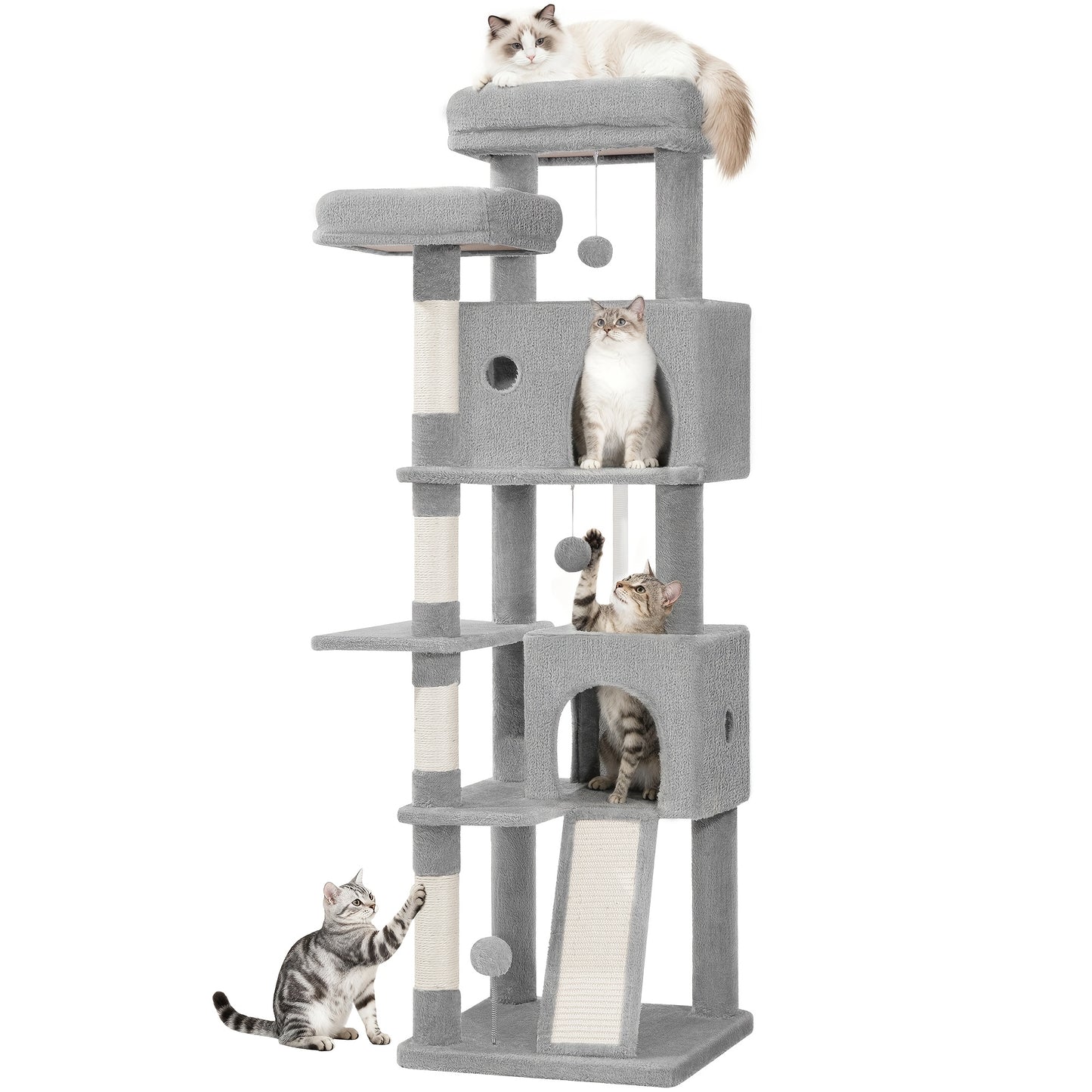 Grande Albero per Gatti, 152cm Tiragraffi, Robusto Albero per Gatti Grandi con Tiragraffi in Sisal, Tavola per Graffiare, 2 Comode Casetta per Gatti, 2 Piattaforme, Pompon, Area Riposo
