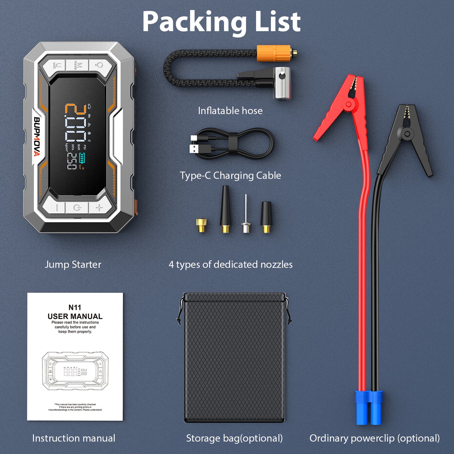 Avviatore di emergenza per auto 8000A con compressore d'aria, pompa di gonfiaggio cordless per pneumatici, booster di batteria con power bank e torce a LED, doppio display della pressione dell'aria