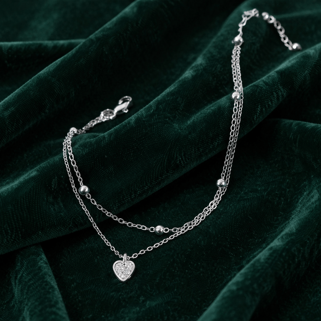 Catena alla caviglia da donna placcata in argento 925, a 2 strati con ciondolo a cuore Strass, elegante gioiello estivo da spiaggia, catena alla caviglia regolabile in stile boho, 20+7 cm, regalo per donne