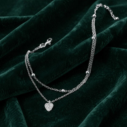 Catena alla caviglia da donna placcata in argento 925, a 2 strati con ciondolo a cuore Strass, elegante gioiello estivo da spiaggia, catena alla caviglia regolabile in stile boho, 20+7 cm, regalo per donne