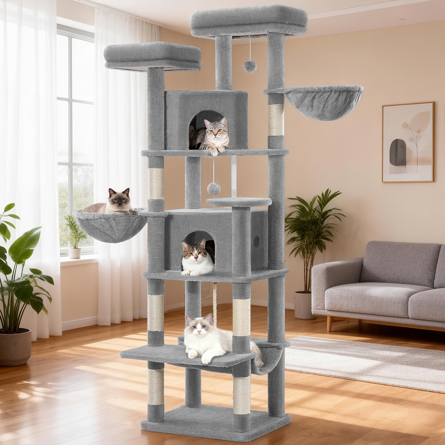 Per albero per gatti grande, 175 cm, tiragraffi per gatti di taglia grande, stabile con tiragraffi, 2 comode casette per gatti, 2 posatoi, 2 cesti, amaca, per uso interno