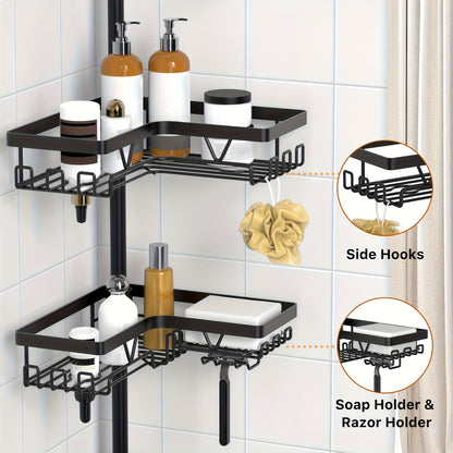 Un robusto e alto ripiano angolare per il bagno, un ripiano angolare regolabile per la doccia che non richiede foratura, dotato di un rack portaoggetti nero a 4 ripiani resistente alla ruggine, ideale per organizzare le aree angolari della doccia - Perfet