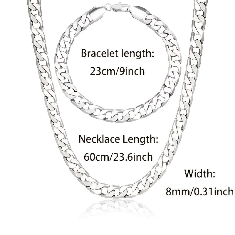 Set di gioielli placcati argento 925, collana a maglie cubane da 8 mm + braccialetto, gioielli minimalisti, regalo per San Valentino, Festa della Mamma, Festa del Papà, confezione regalo in scatola
