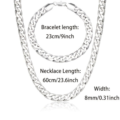 Set di gioielli placcati argento 925, collana a maglie cubane da 8 mm + braccialetto, gioielli minimalisti, regalo per San Valentino, Festa della Mamma, Festa del Papà, confezione regalo in scatola