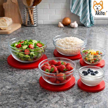 AkitaInk Set 5 Contenitori in Vetro con Coperchio Rosso - Ciotole Impilabili per Conservazione Alimenti, Frigo e Freezer - Diverse Misure
